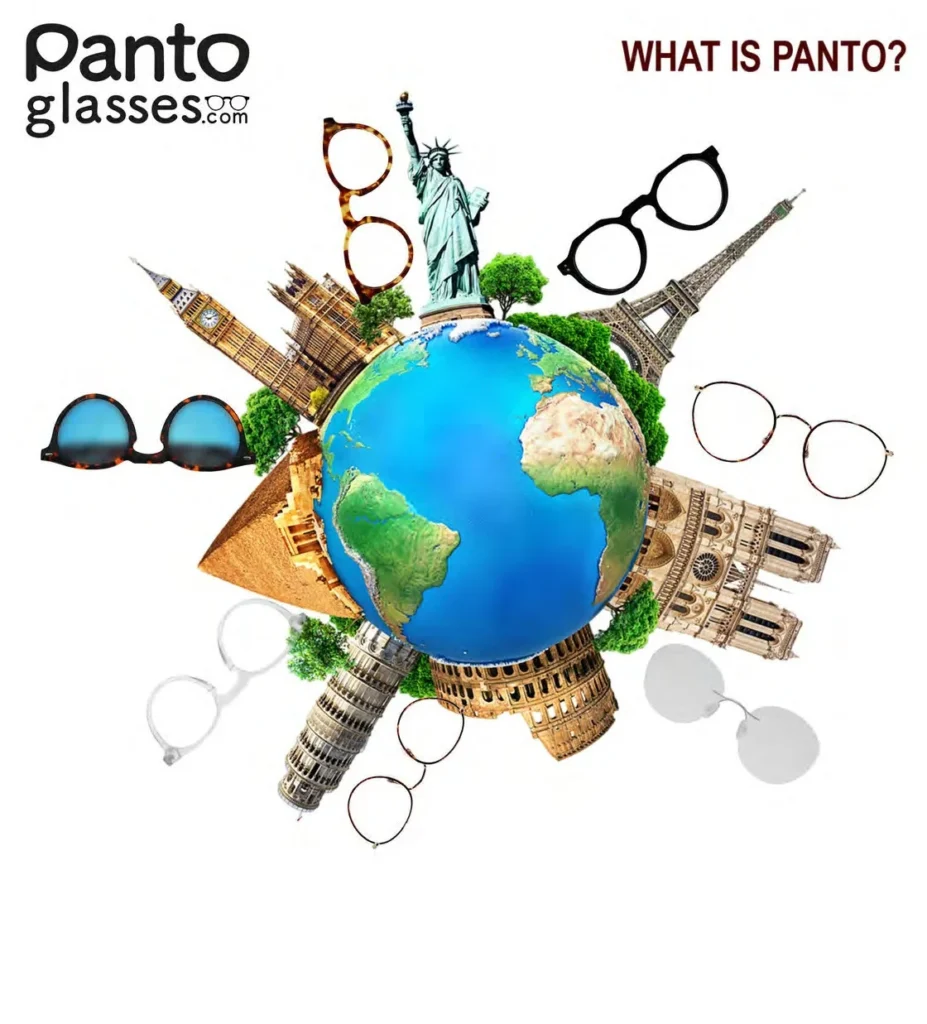 Historical map and timeline illustrating the 1930s global launch of Panto eyewear in the UK, Germany, and the USA.